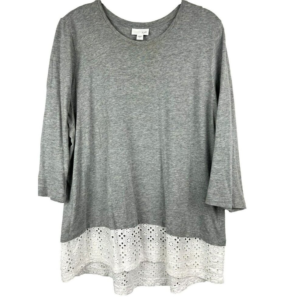 J Jill Womens Top Large Gray White Eyelet 3/4 Sleeve‎ Cotton Blend Soft Stretch